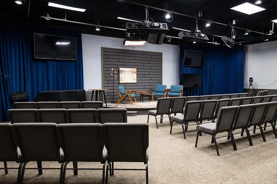 An auditorium in the ROH Ministry Center where many group meetings (in-person and remote) take place